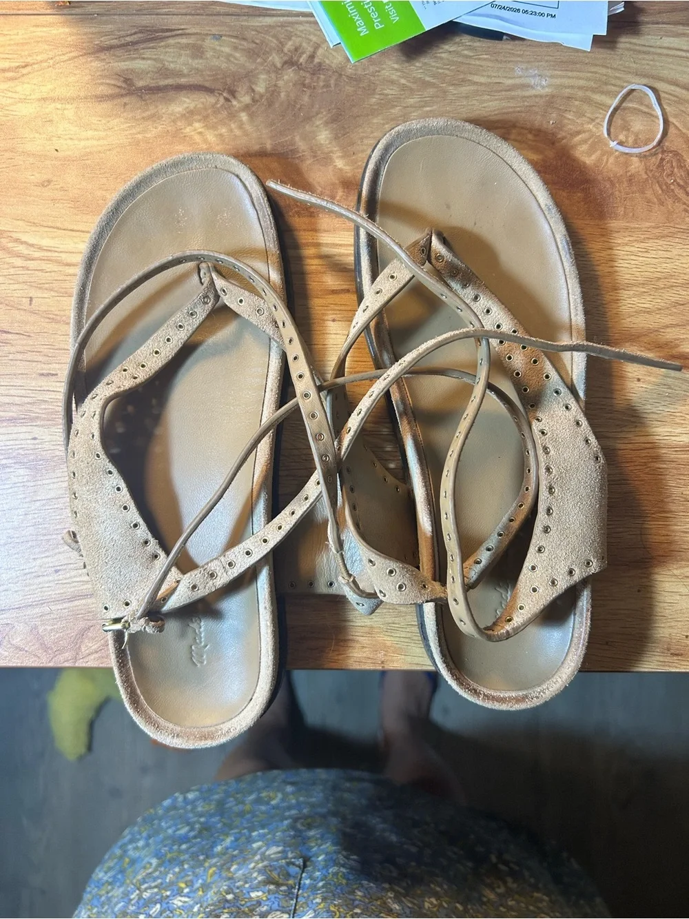 Madewell Tan Lace-Up Suede Sandals with Perforated Straps